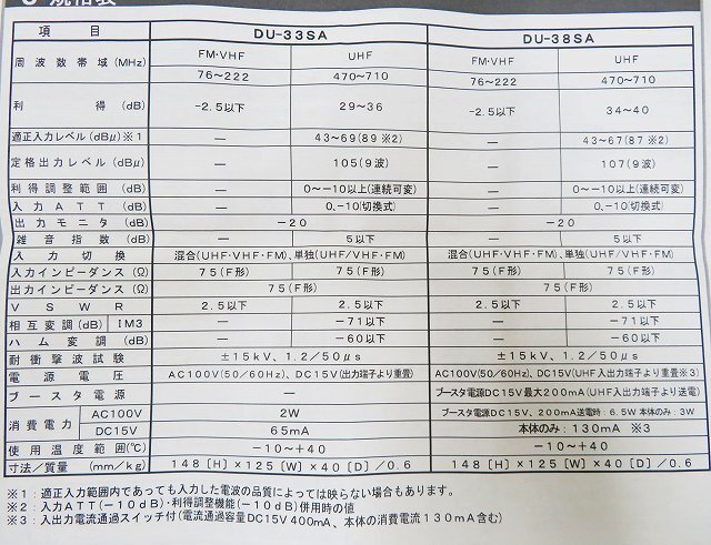 2A7637/未使用品 SUN サン電子 33dB型 UHFブースター DU-33SA 共同受信用増幅器_画像9