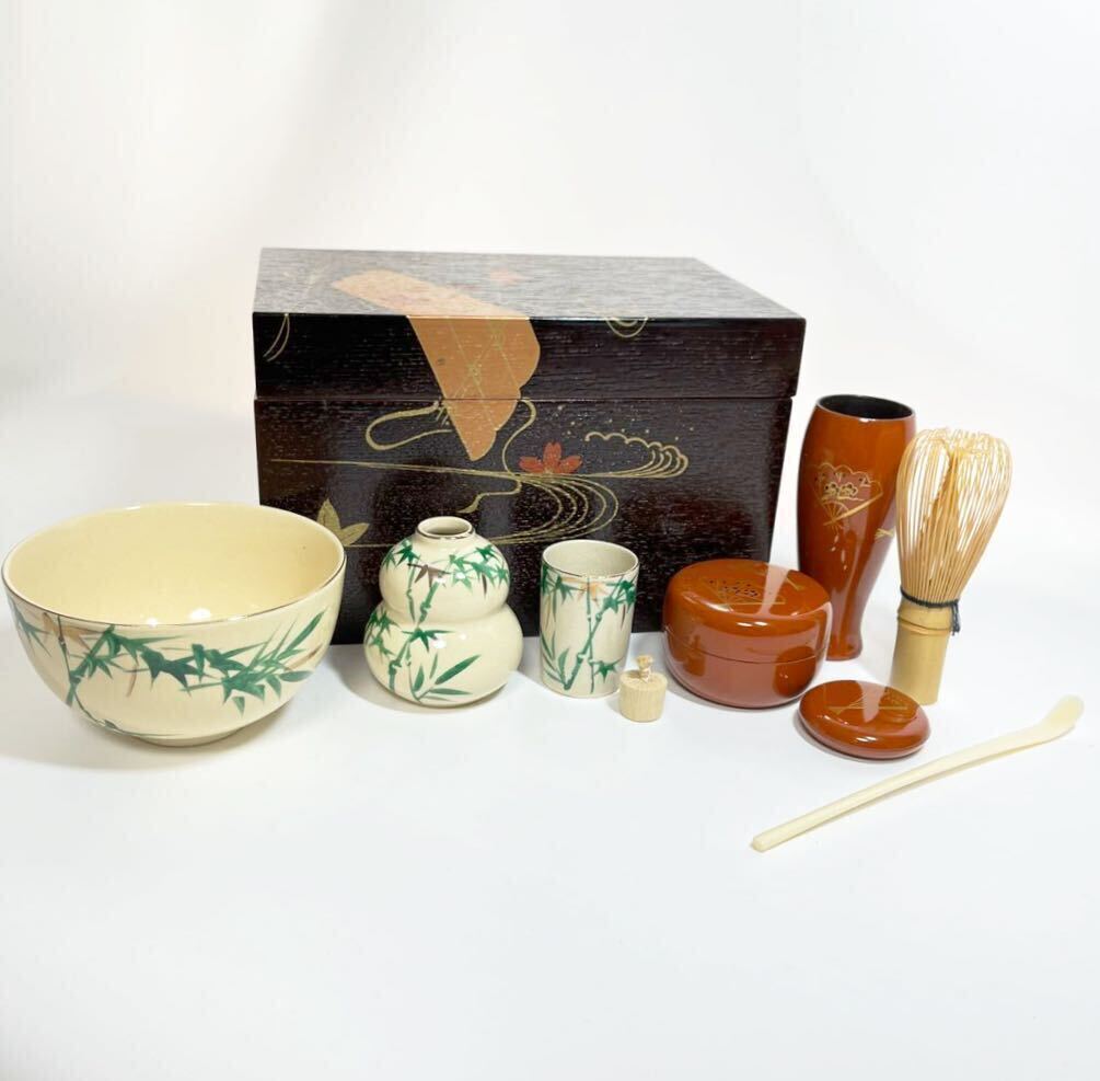  tea ceremony tea utensils profit . tea box .. Kyoyaki overglaze enamels bamboo .. flower . lacqering tea box 7 point set tea ceremony tea cup tea . tea caddy persimmon . tea .