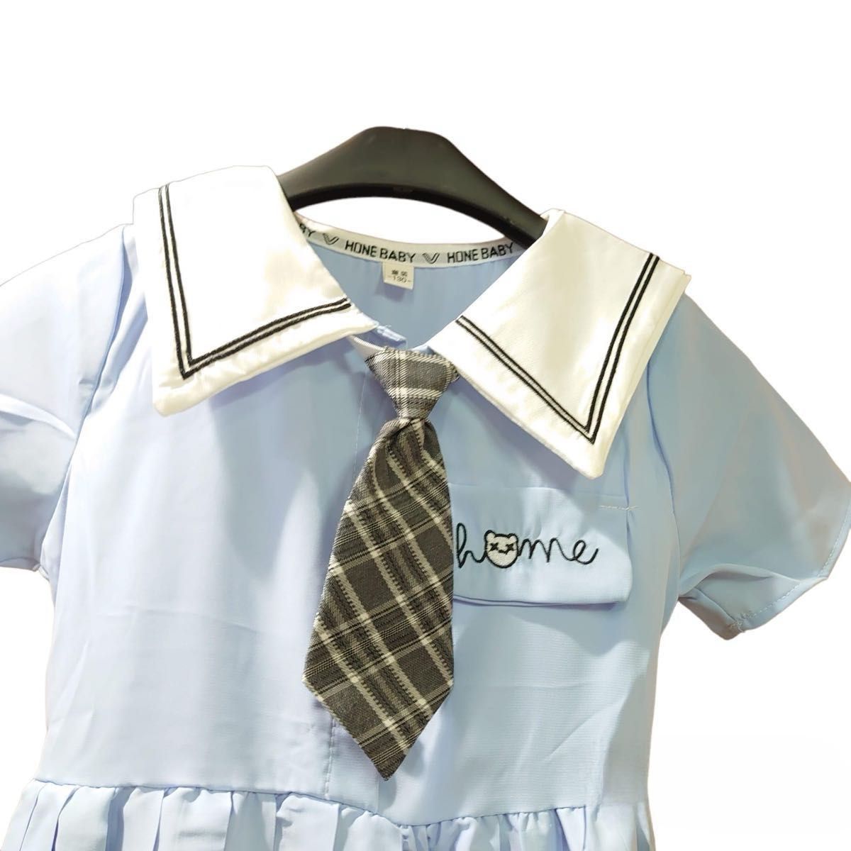 人気商品 女の子 プリーツ ワンピース 水色 ネクタイ付き 清楚 上品 正装 バックリボン 半袖ワンピース 160