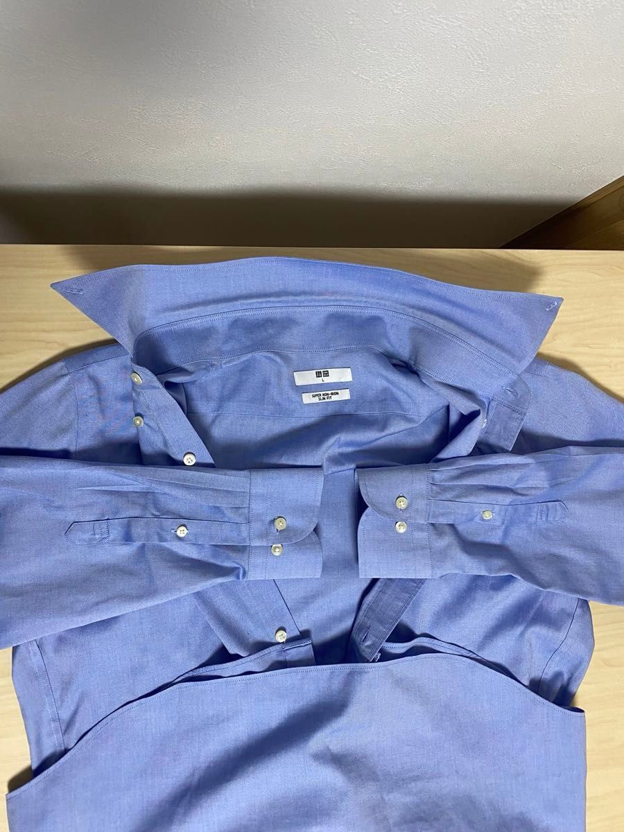 【美品】UNIQLO スーパーノンアイロンスリムフィットシャツ（ボタンダウンカラー・長袖）ブルー　Lサイズ