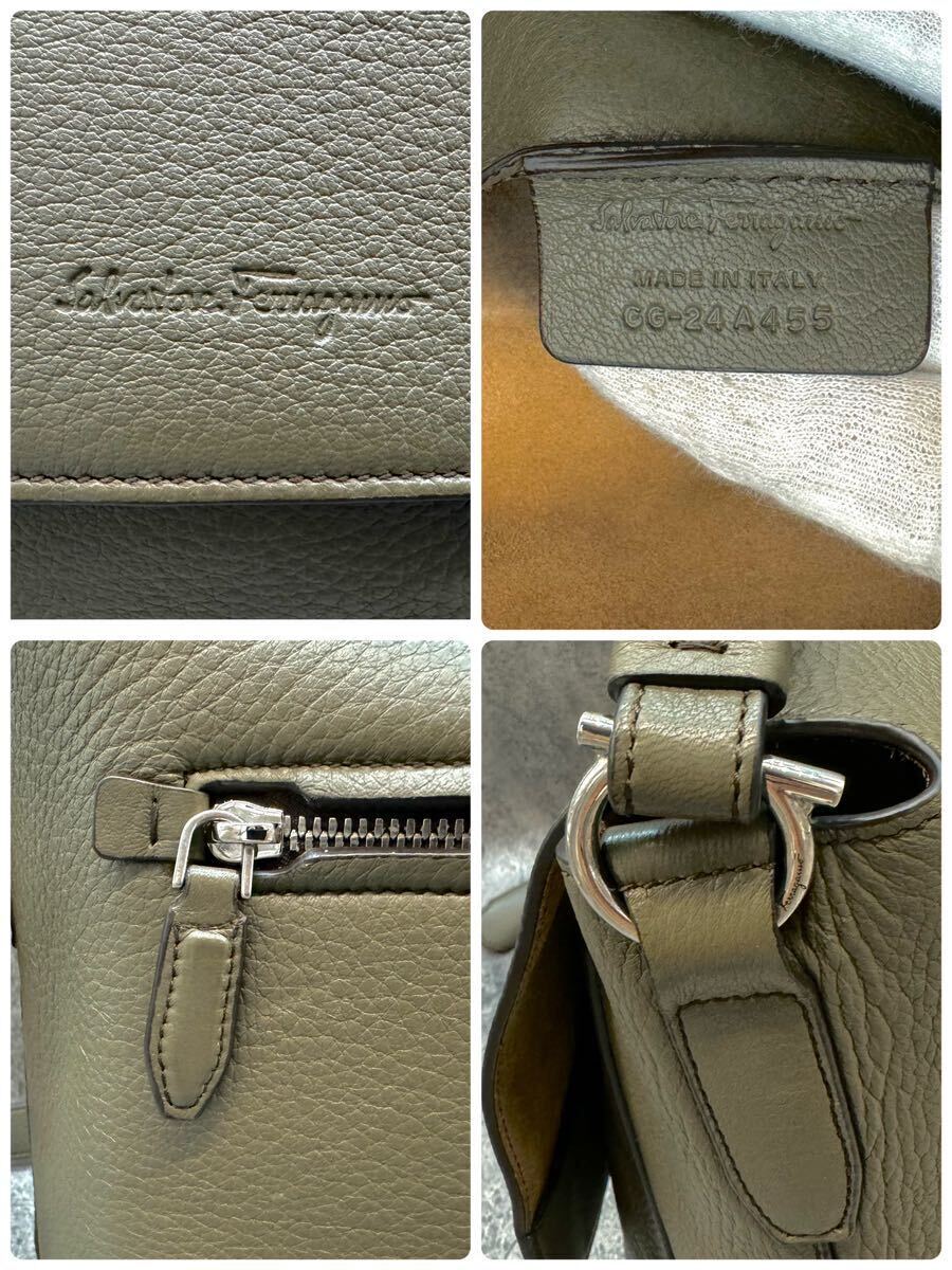 [ rare color beautiful goods ]Ferragamo Ferragamo gun chi-ni shoulder bag mesenja- diagonal .. leather leather men's business A4 type pushed . khaki 