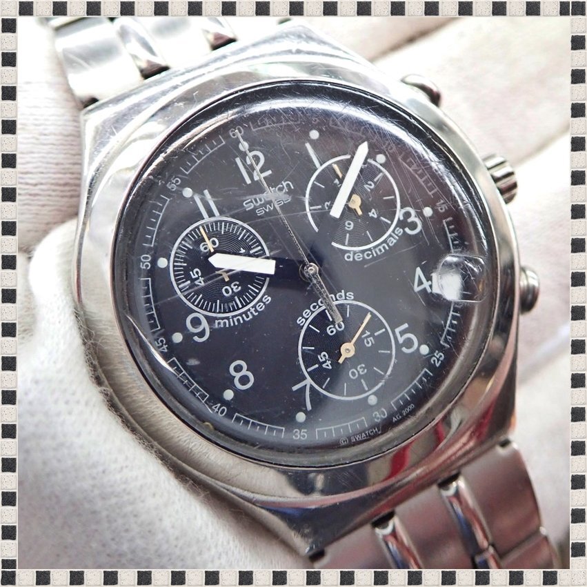 スウォッチ アイロニー 黒文字盤 クロノグラフ デイト クォーツ 40mm メンズ 腕時計 稼動品 電池交換済み Swatch IRONYの画像1