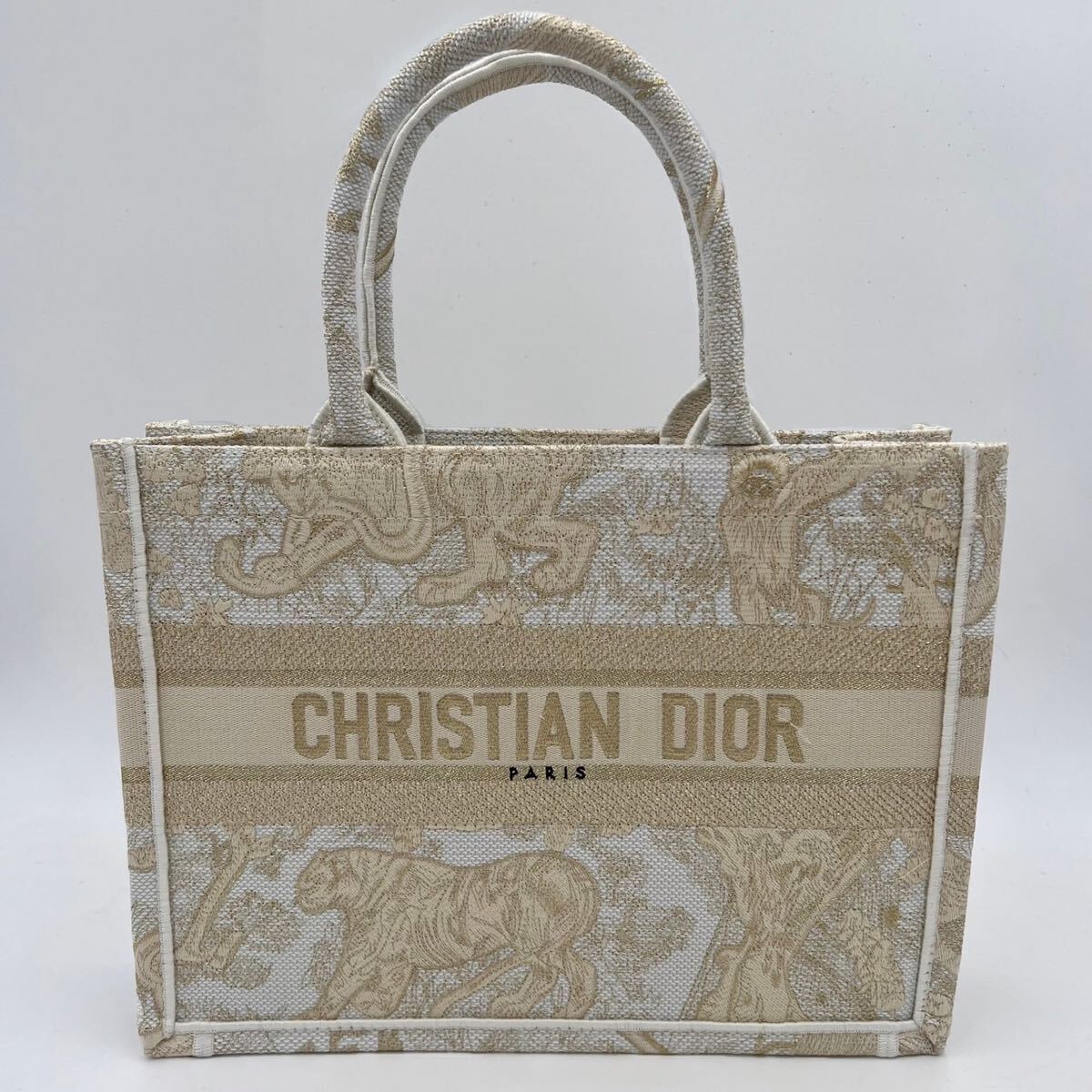 ◆付属品/極美品◆ ディオール ブックトート ミディアム レディース Christian Dior Book Tote オブリーク ロゴ ゴールド 刺繍バッグ_画像2