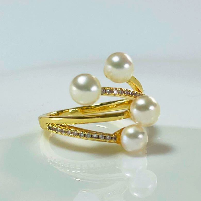 花珠級 本真珠 パールリング　指輪　k18仕上げ ダイヤモンド ベビーパール 最新デザイン フリーサイズ 4.5mm_画像2