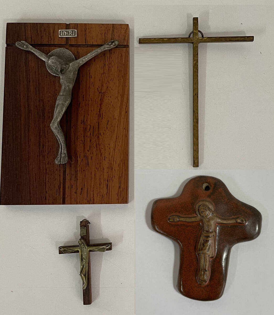 キリスト教 小物 4点 木製 キリスト像 十字架 飾物 壁掛け ペンダントトップ 宗教_画像1