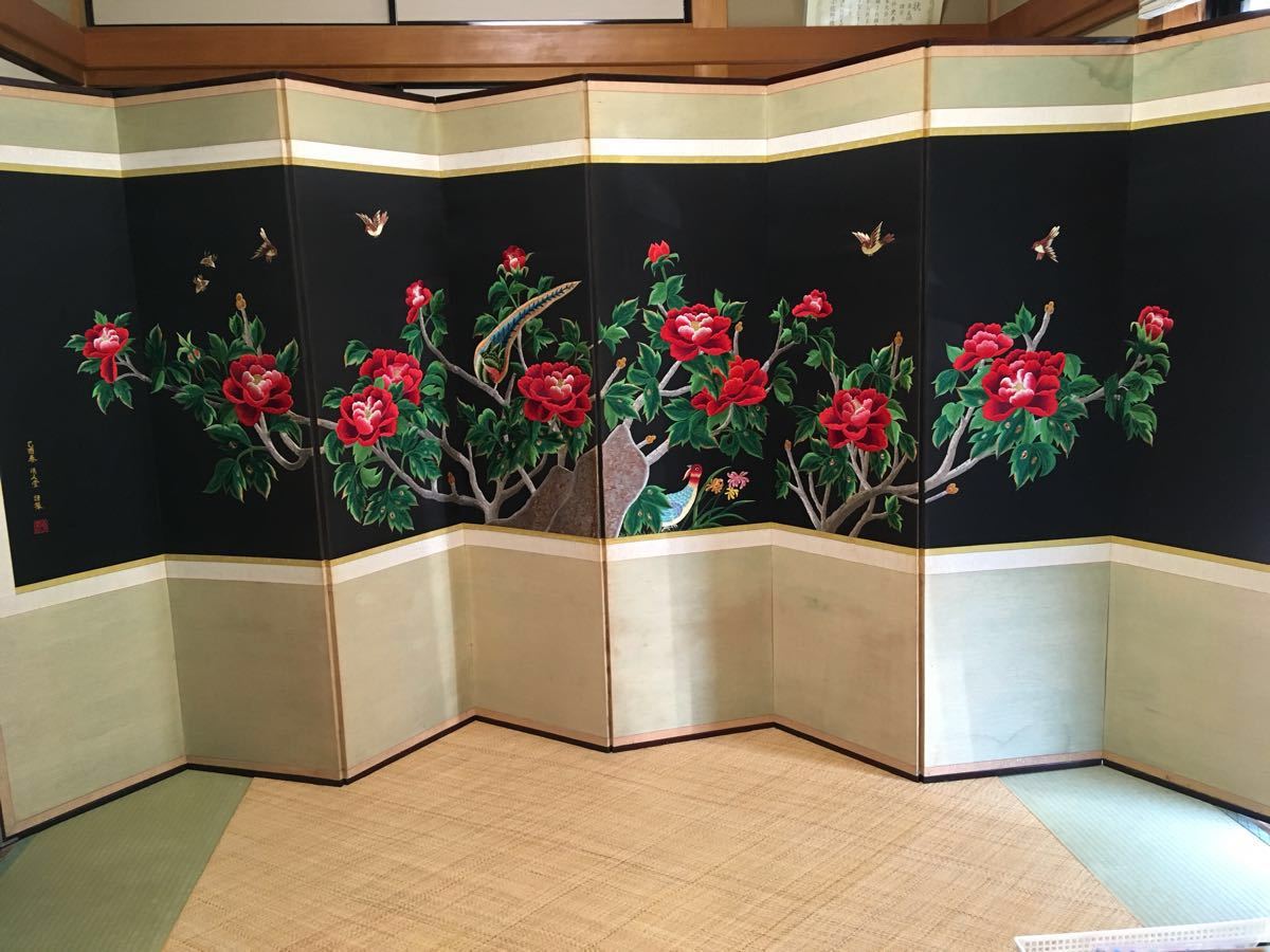 * gorgeous ..*.. spring Kiyoshi person . quality product total hand embroidery table :../ gold chicken /. pattern reverse side :. rock work . poetry . bending one . large folding screen ( approximately 163×45×1.5cm)×8 surface 