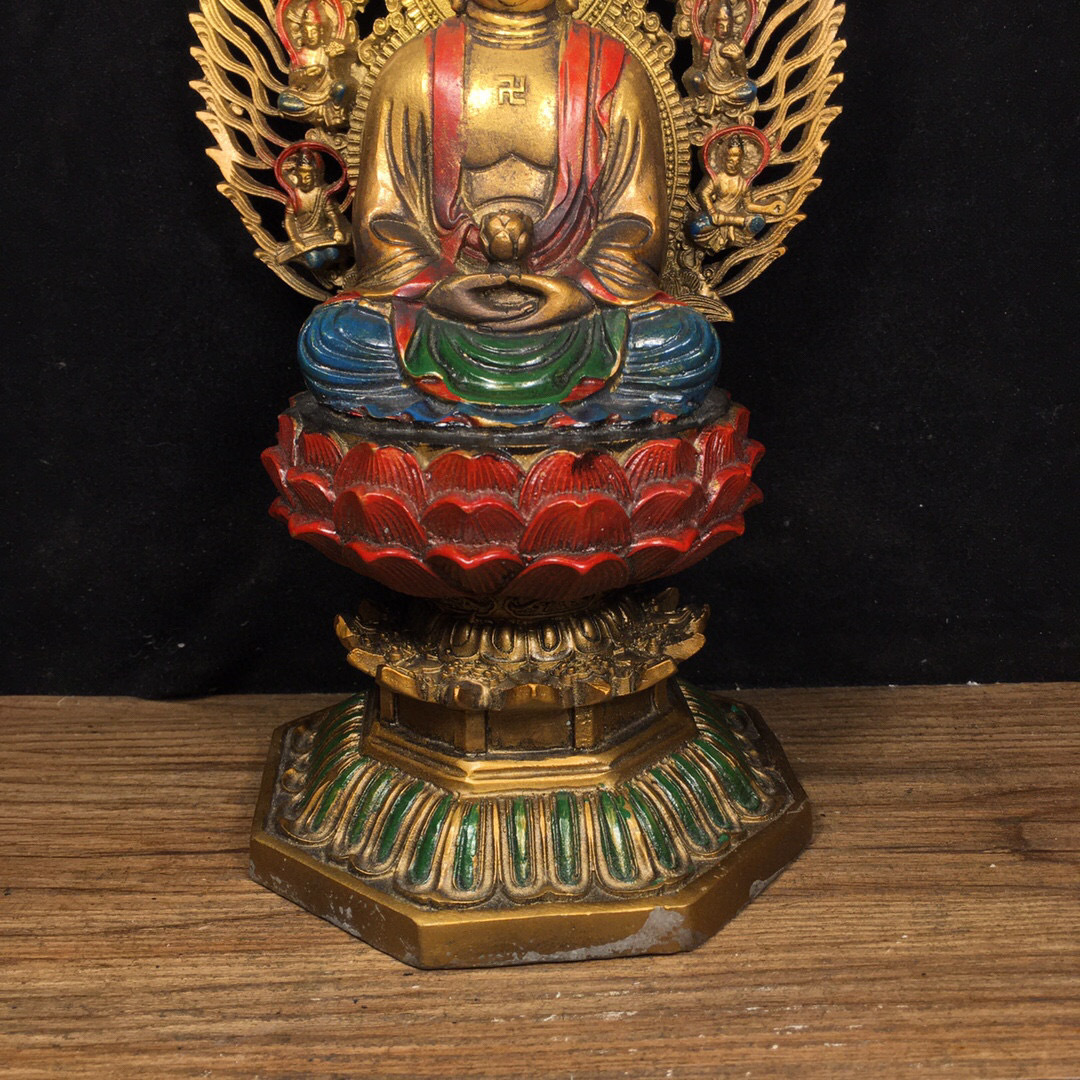 仁 『銅製 金鍍 彩繪 釋迦牟尼像 仏教古美術 供養品』極細工 古 仁 『銅製 金鍍 彩繪 釋迦牟尼像 仏教古美術 供養品』極細工 古