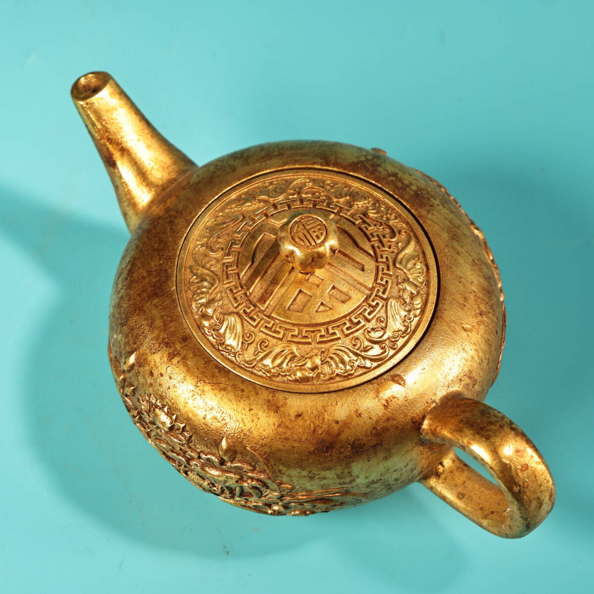 骨董品 アンティーク 仁】『銅製・塗金・荷葉紋・酒壺・置物・賞物』極細工 古賞物