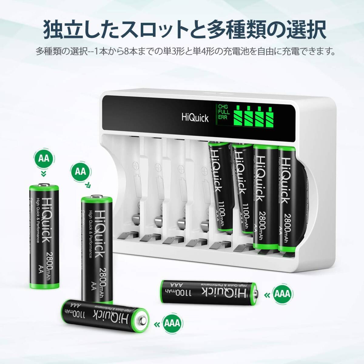 8本単三電池+8スロット充電器 HiQuick 充電池充電器セット 単3電池+充電器セット 単三 単四 ニッケル水素、ニカド充電池_画像3