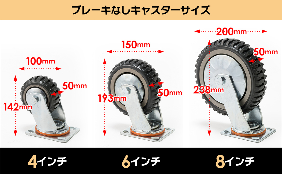 産業用キャスター 6インチ 直径Φ150mm 4個セット(ブレーキ有り×2個,ブレーキ無し×2個) 車輪 ホイール 耐荷重1024kg 静音 台車用_画像8