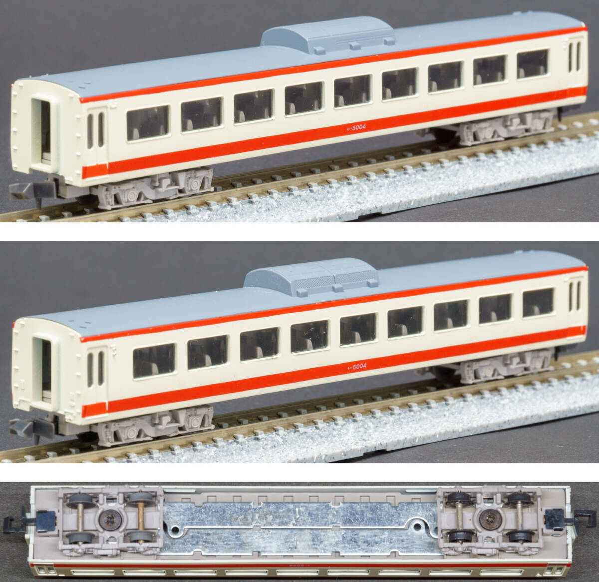 トミックス(TOMIX)◆西武5000系レッドアロー 中間車4両＋ボディー1個セット◆床下機器および屋上機器欠損_M2車の両側面および底面の画像(1)