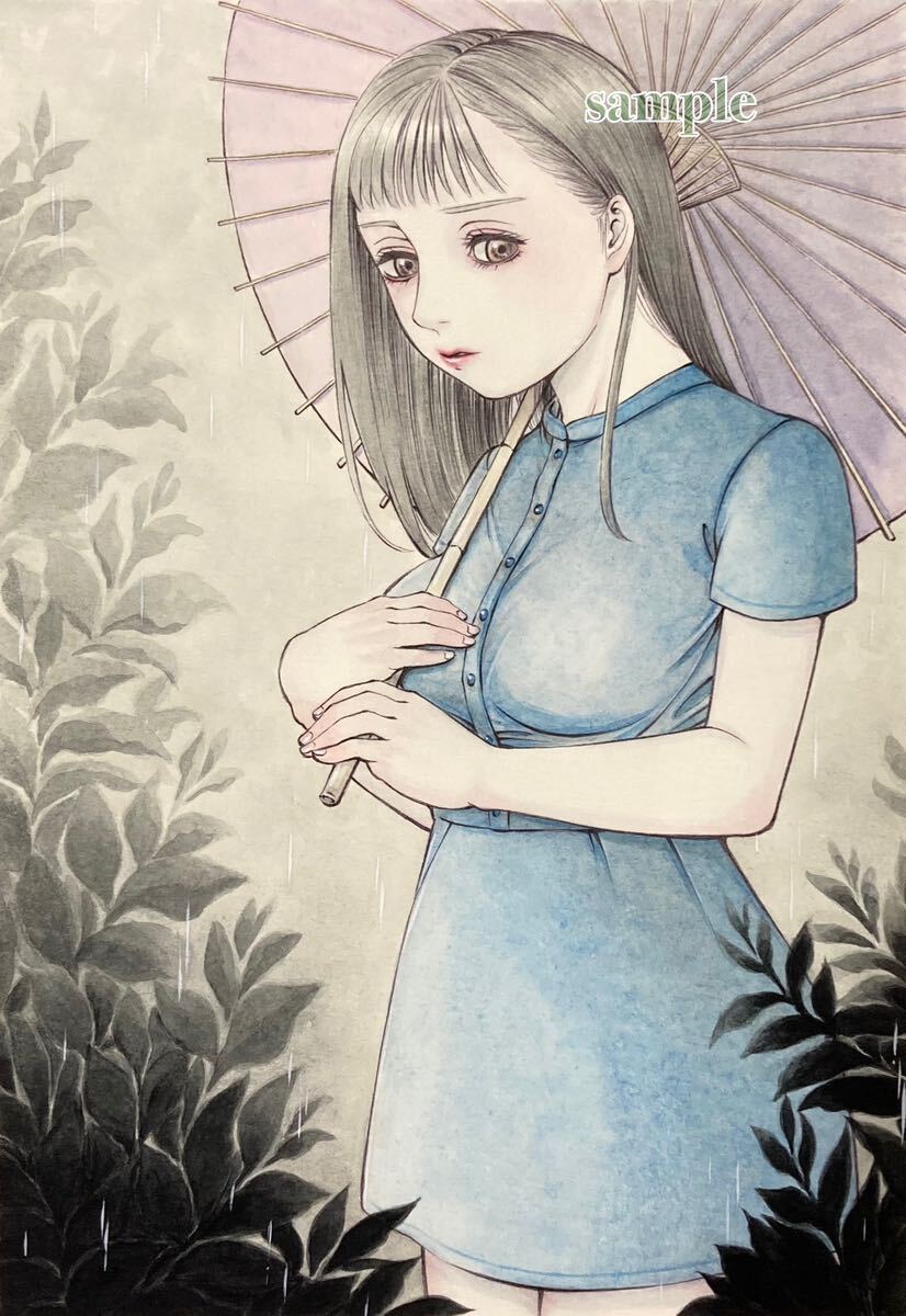 オリジナル手描きイラスト 「小雨」 少女 水彩の画像2