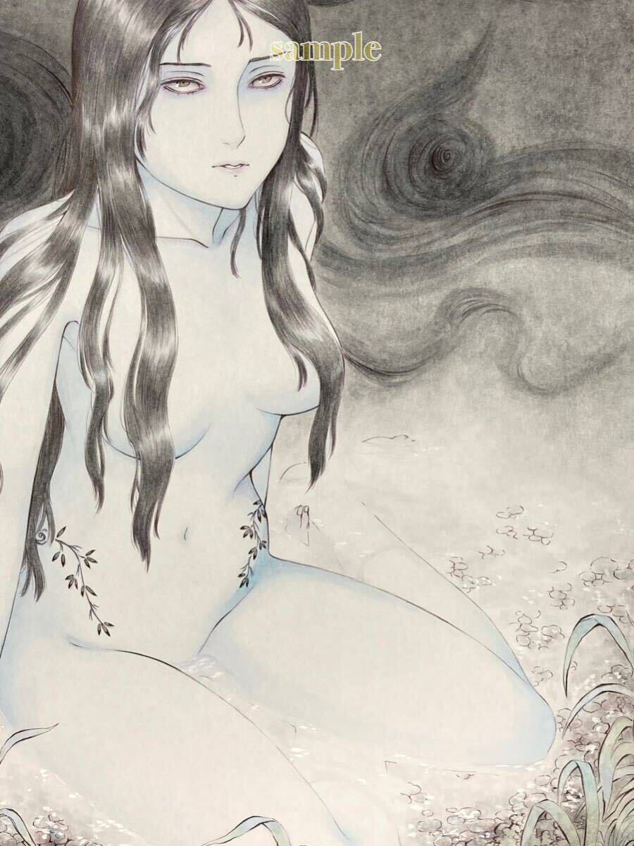 オリジナル手描きイラスト 色紙　「水の怪」　和風　妖怪_画像3