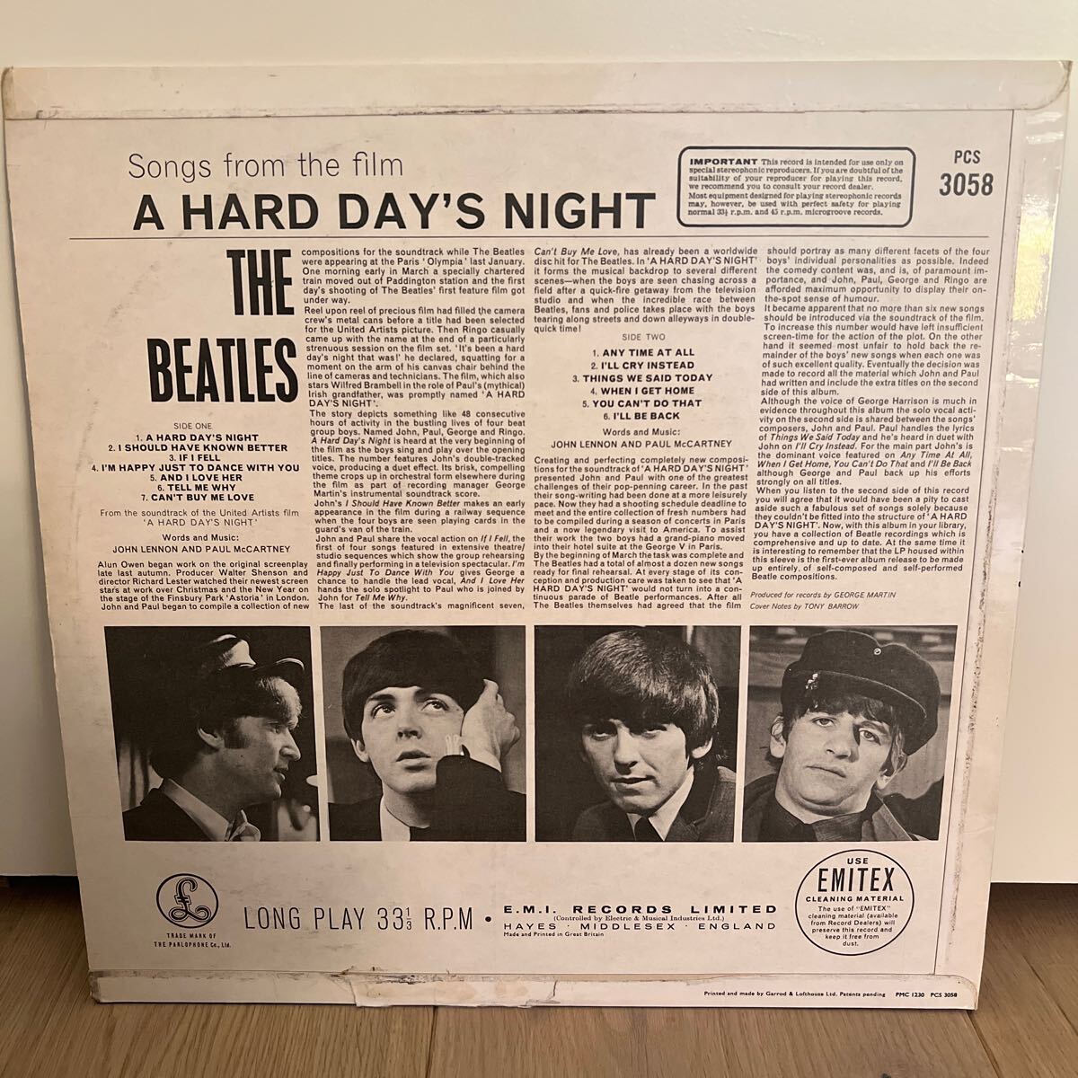 オランダ初期ステレオ盤　マト1 UKジャケ　Beatles A HARD DAY's NIGHT LP レコード　ビートルズ stereo PCS3058_画像2
