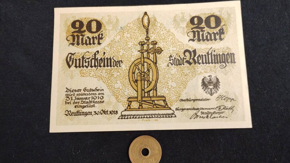 準未使用+　ドイツ地方紙幣　ロイトリンゲン市　1918年　20マルク_画像2