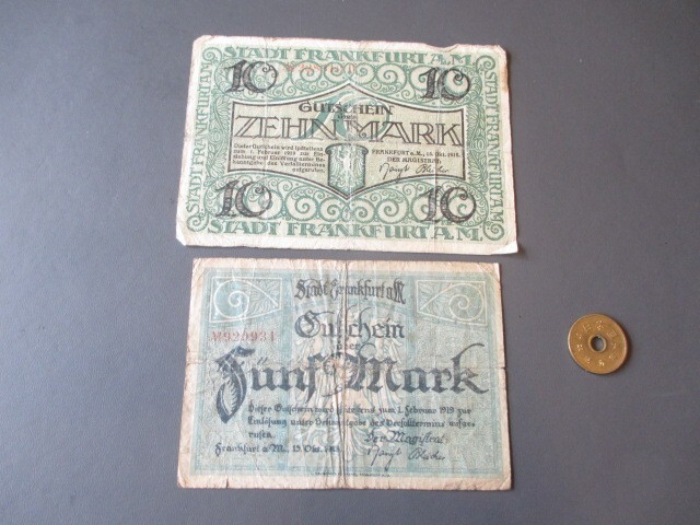 美品～上品+　ドイツ地方紙幣　フランクフルト市　1910年代2枚　10～5マルク_画像1