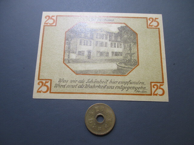 未使用　ドイツ地方紙幣　ワイマール市　1921年　詩人シラー生家　25ペニヒ_画像2