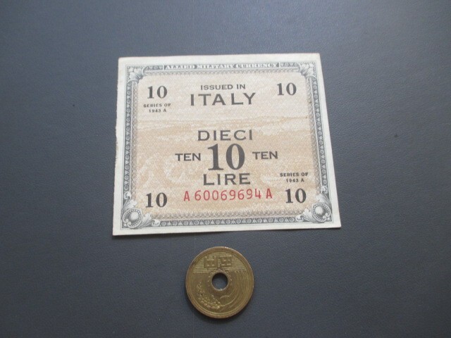 準未使用+　連合軍軍票　イタリア用　1943年A　10リラ　P-M19a_画像1