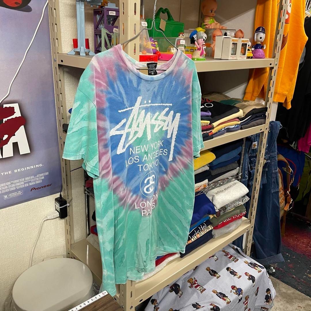 良品 STUSSY ステューシー プリント Tシャツ タイダイ ブルー グリーン Mサイズ ストリート アメカジ 古着MIX_画像2