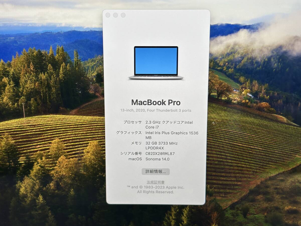 【良品 13.3インチ】Apple MacBook Pro(13-inch,2020) A2251 Core i7(1068NG7)/2.3GHz RAM:32GB/SSD:1TB 13.3インチ Sonoma 動作品 の画像9