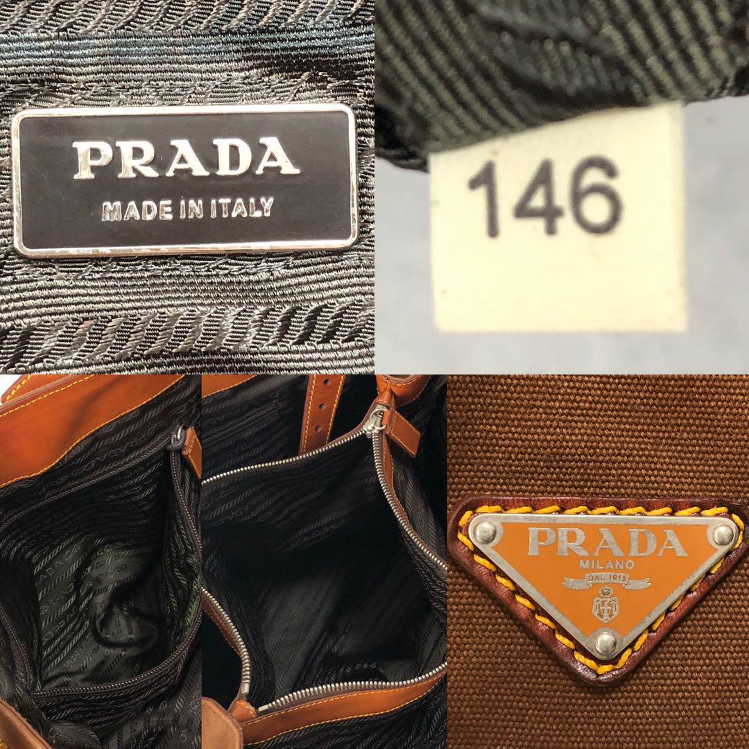 1円【美品】PRADA プラダ 三角ロゴ プレート トートバッグ ボストンバッグ 旅行かばん レザー キャンバス ブラウン A4 大容量 2室 メンズの画像10