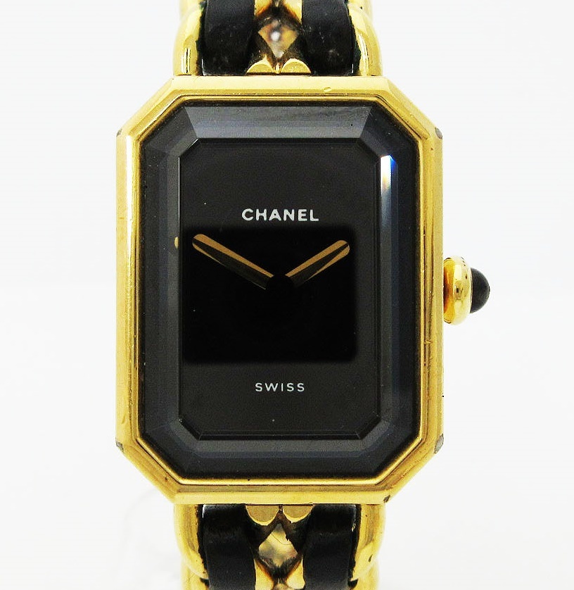 R05-030{ Chanel } wristwatch * Premiere M*QZ black / black face * cut glass * clothing accessories accessory * black × Gold *CHANEL*
