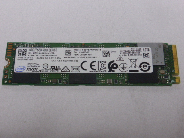 INTEL 660p SSD M.2 NVMe Type2280 Gen 3.0x4 1024GB(1TB) 電源投入回数1353回 使用時間15413時間 正常93% 中古品です SSDPEKNW010T8_画像1