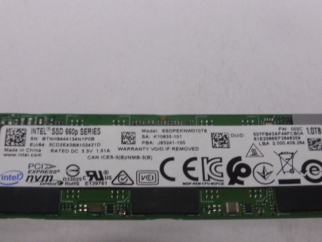 INTEL 660p SSD M.2 NVMe Type2280 Gen 3.0x4 1024GB(1TB) 電源投入回数1353回 使用時間15413時間 正常93% 中古品です SSDPEKNW010T8_画像2