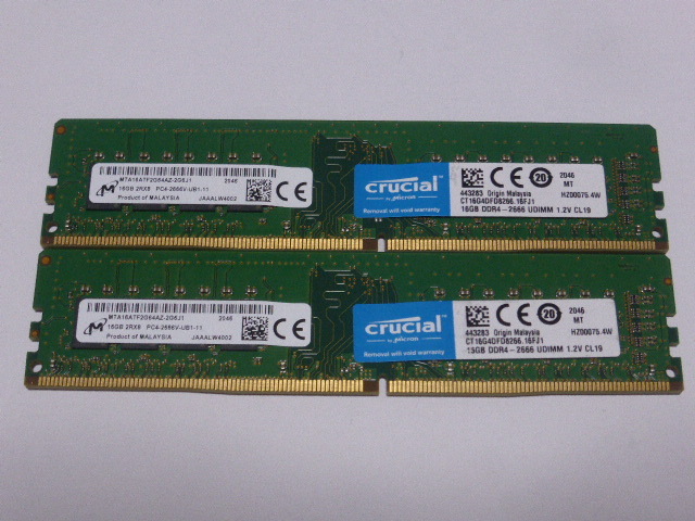 メモリ デスクトップパソコン用 Crucial DDR4-2666 PC4-21300 16GBx2枚 合計32GB 起動確認済みです _画像1