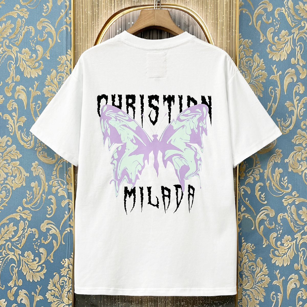 定価2万★christian milada・ミラノ発・半袖Tシャツ★コットン100％ 薄手 通気 爽やか 個性 蝶柄 カットソー ストリート 男女兼用 2XL/52_画像1