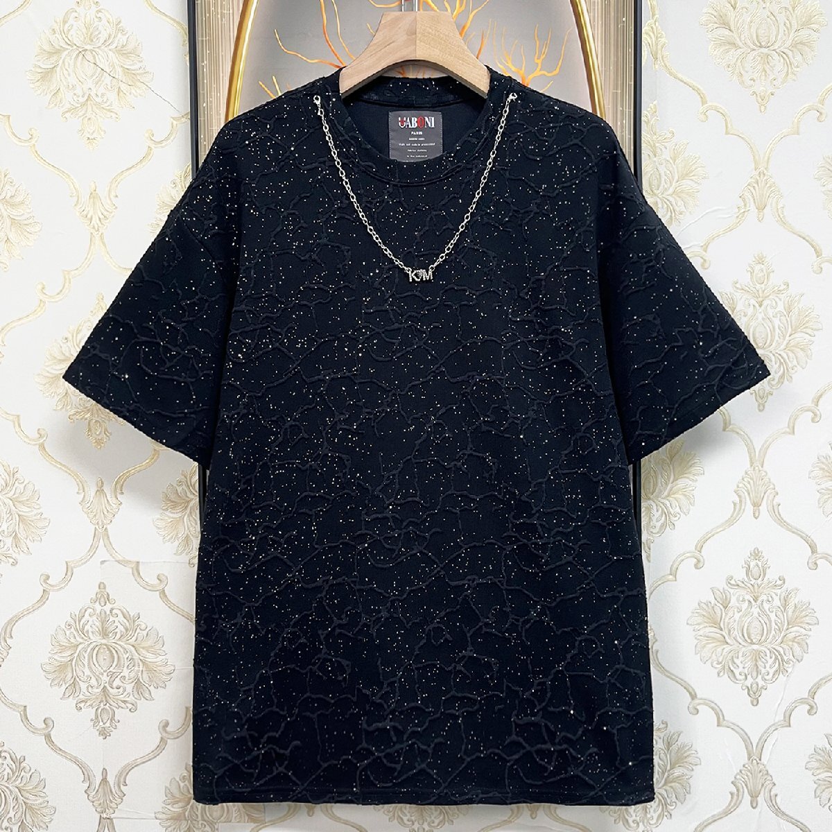 絶賛EU製＆定価2万◆UABONI*Paris*半袖Tシャツ*ユアボニ*フランス◆快適 吸汗 薄手 総柄 キラキラ チェーン カットソー スウェット 街着 M_画像1