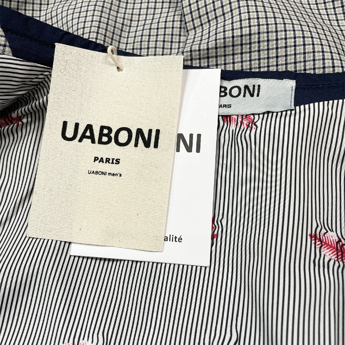 ★★高級EU製＆定価6万◆UABONI*Paris*テーラードジャケット*ユアボニ*パリ発◆上品 リネン混 サマージャケット 七分袖 チェック柄切替L/48_画像9