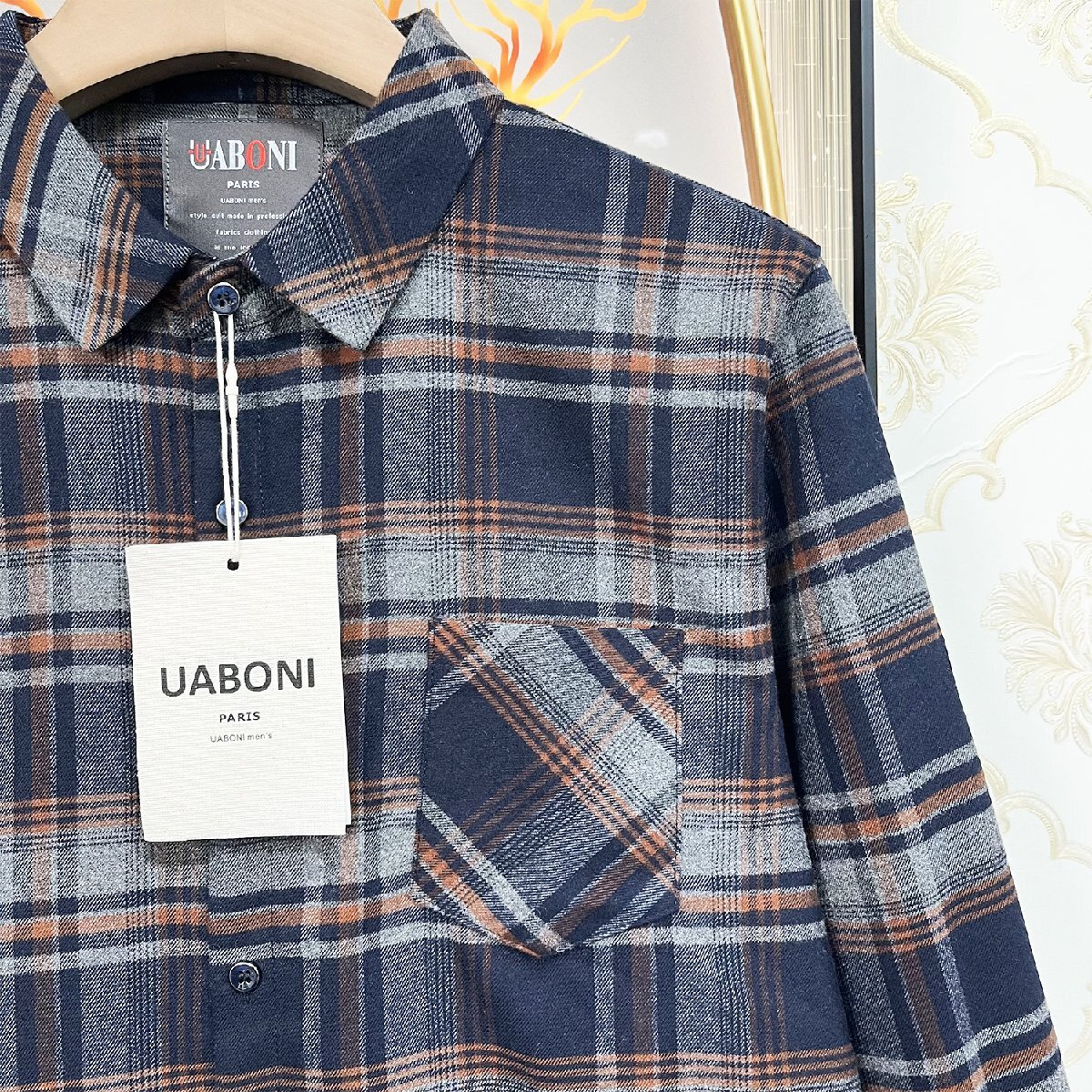 高級EU製＆定価4万◆UABONI*Paris*長袖シャツ*ユアボニ*パリ発◆高品質カシミヤ 薄手 快適 ソフト チェック柄 オシャレ 洗練 通勤 2XL/52_画像5