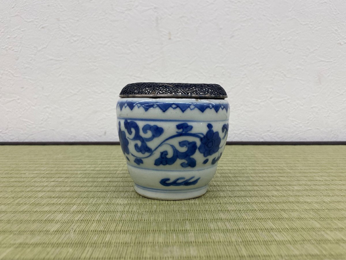 中国古玩 唐物 古染 草花文香炉 純銀火屋 箱 仕覆 香道具 骨董品 古美術品 5737kbdbzN_画像3