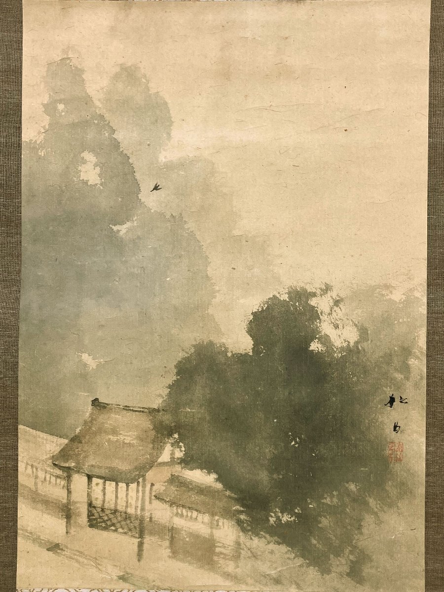 真作保証 藤井松山 風景の図 紙本 共箱 備後 掛軸 書画 骨董品 美術品 4192wqMM_画像3