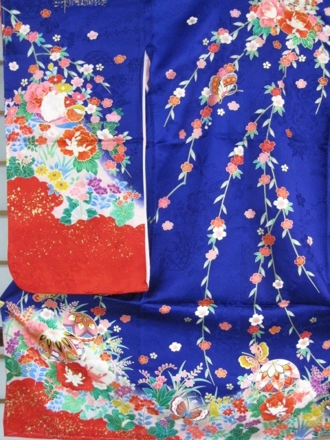 * новый товар натуральный шелк три .( три tsu.) кимоно Mini кимоно с длинными рукавами . перо рисунок темно-синий цвет серия *