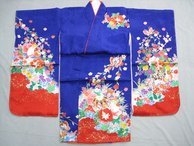 * новый товар натуральный шелк три .( три tsu.) кимоно Mini кимоно с длинными рукавами . перо рисунок темно-синий цвет серия *