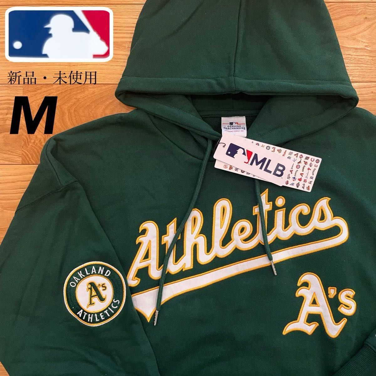 【M】MLB公式 アスレチックス　マフポケット付き　ロゴ刺繍&ワッペン　綿100% 長袖スウェットパーカー