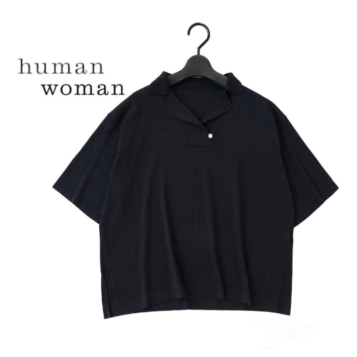 ■美品 human woman ヒューマンウーマン コットンポリエステル麻ニットプルオーバー サイズM 定価1.3万_画像5