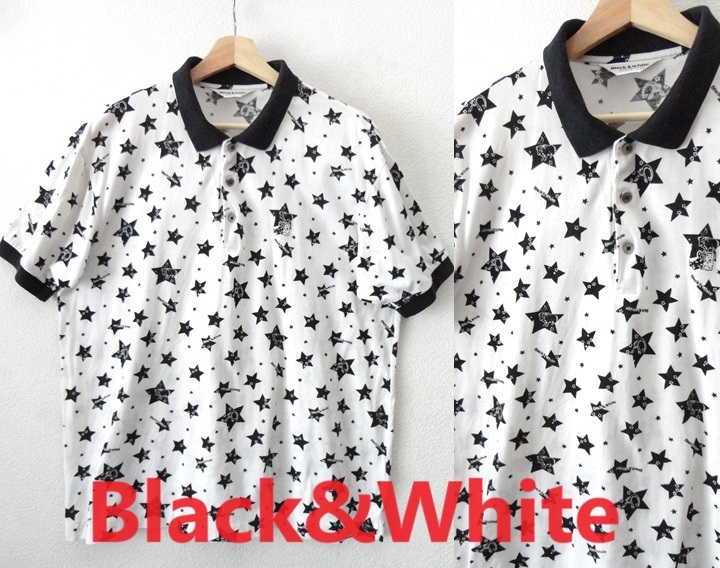 Black＆White：ブラック＆ホワイト■ロゴ刺繍入り 星柄　鹿の子 ポロシャツ■白■LLsize■ゴルフウェア_画像1