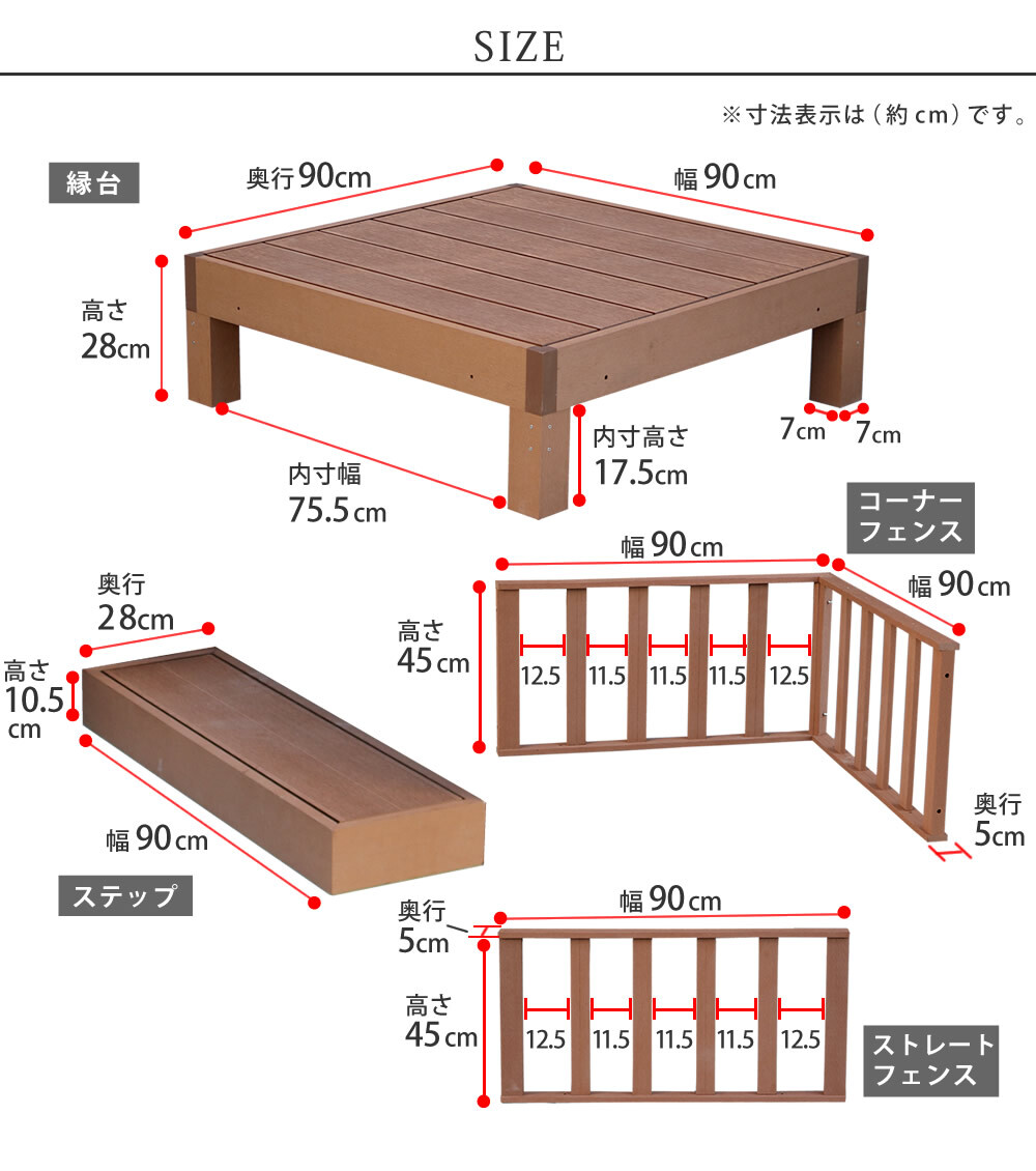 ウッドデッキ 8台 フェンス付き 2坪 人工木製 縁台 ウッドテラス 木目調 劣化しにくい 茶 ダークブラウン MSMIK-0017DBR_画像9