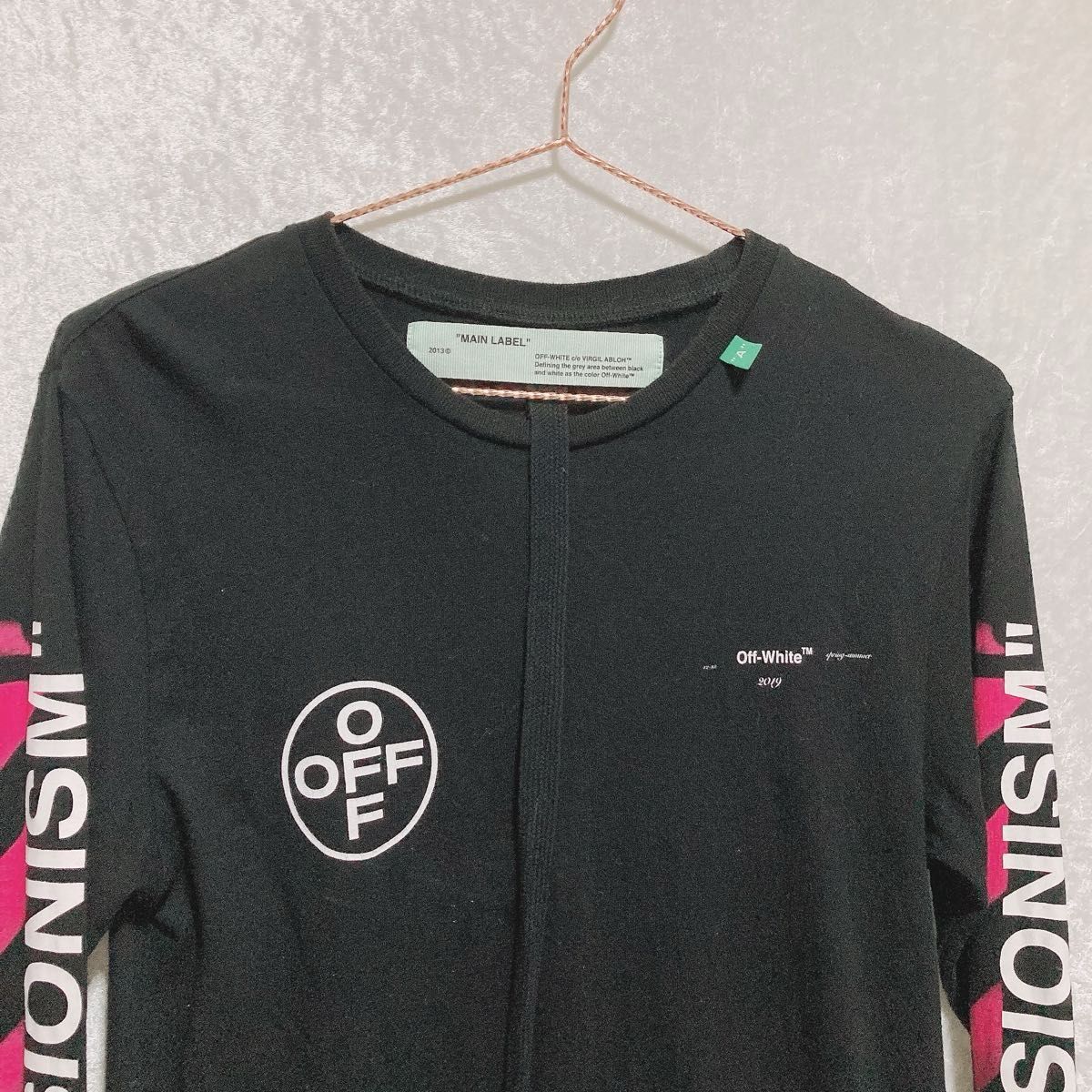 【美品】XS OFF-WHITE ロングTシャツ ロンt ステンシル アロー ビッグロゴ ピンクアロー 人気　完売　長袖　Tシャツ