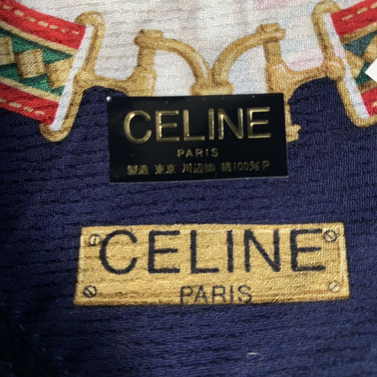 CELINE セリーヌ 大判 ハンカチ ハンカチーフ 馬車柄 チェーン・フリンジ模様 ロゴ・マーク ミニスカーフ 58㎝×58㎝ (9734)_画像2