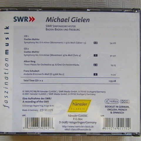 【独盤2CD】ギーレン＆南西ドイツ放送so.「マーラー：交響曲第6『悲劇的』番/ベルグ：管弦楽のための3つの小品ほか」1995～1999年の画像2