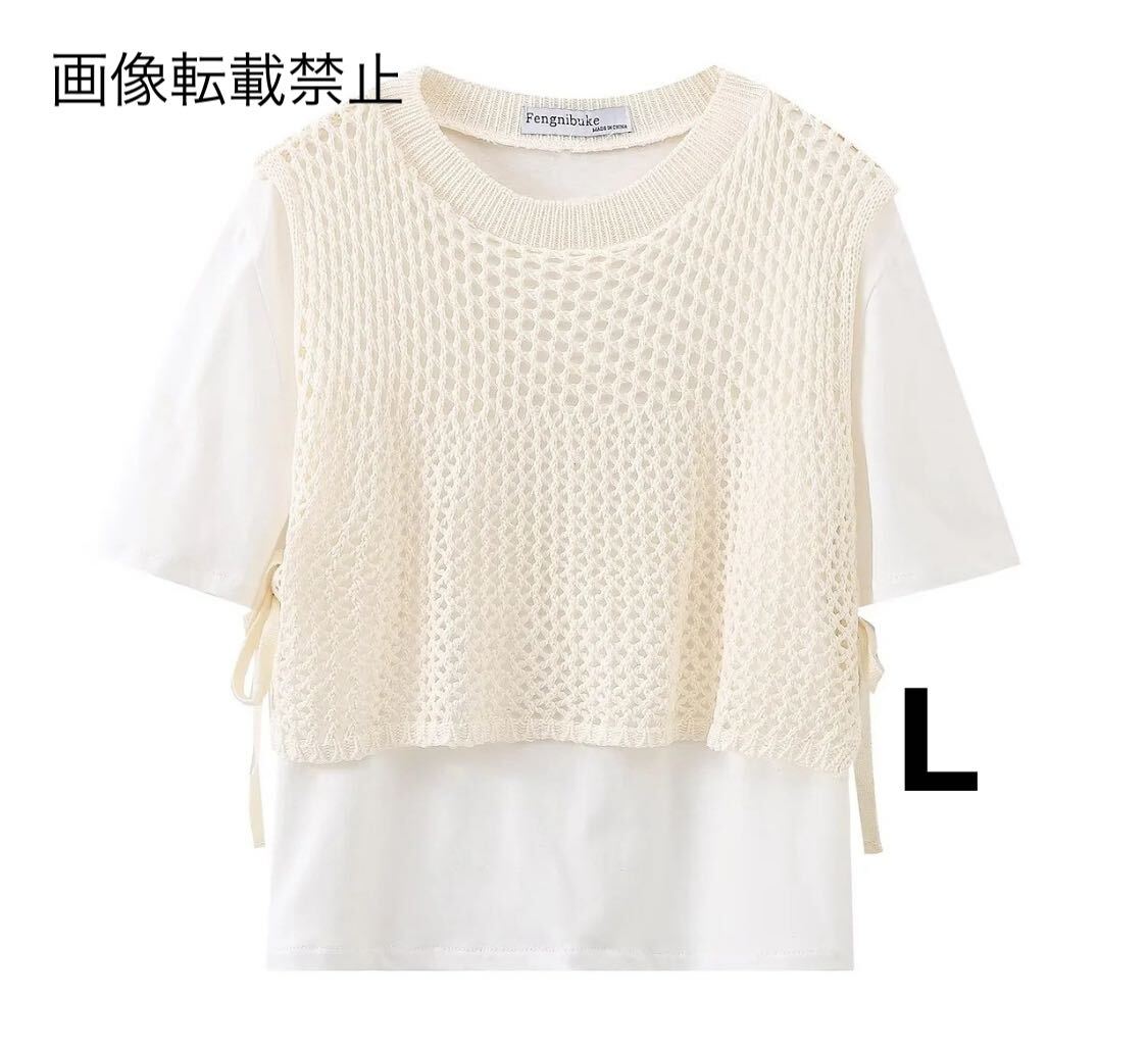 vintage ヴィンテージ レトロ メッシュ ニット ドッキング Tシャツ トップス Lサイズ レディース★ZARA 好きな方に★2024 春新作 新品★_画像1