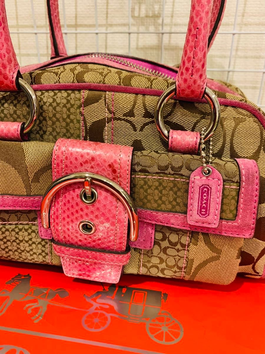 【美品】COACH コーチ シグネチャー 2 ハンドバッグ　トートバッグ　レザーキャンパス　蛇革　ピンク　可愛いサイズ