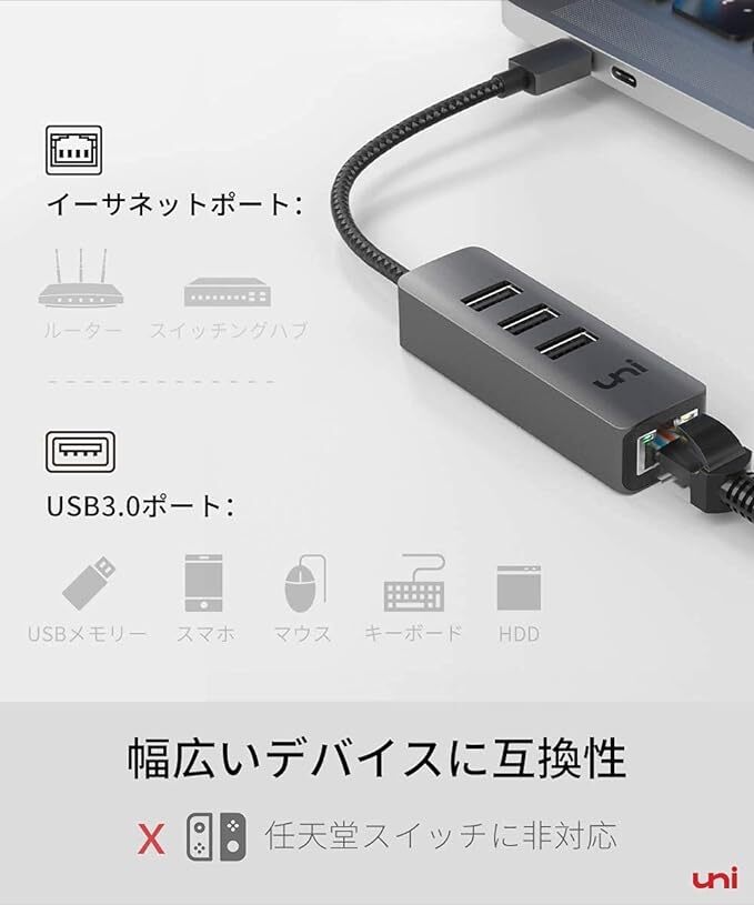 uni USB to Ethernet Hub uni USB ハブ LAN アダプター [USB3.03]＜中古＞の画像6