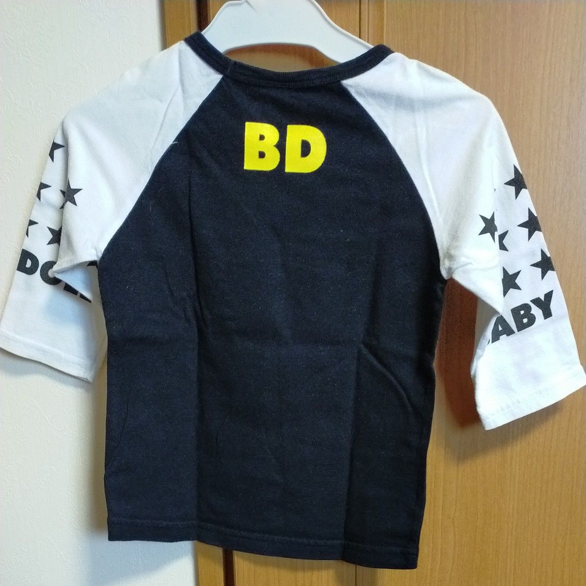 ベビド☆王冠ビッグロゴ　七分袖Tシャツ　黒ブラックx白袖　110 /ベビードールBABYDOLL バックプリント ロンT　カテ変可