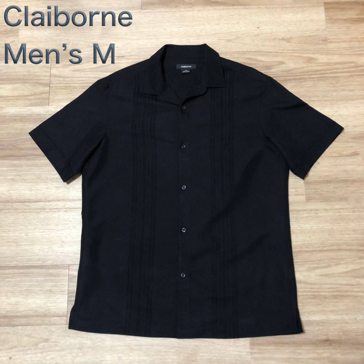 【送料無料】Claiborne 半袖シャツ　黒刺繍　メンズMサイズ　クレイボーンキューバシャツ