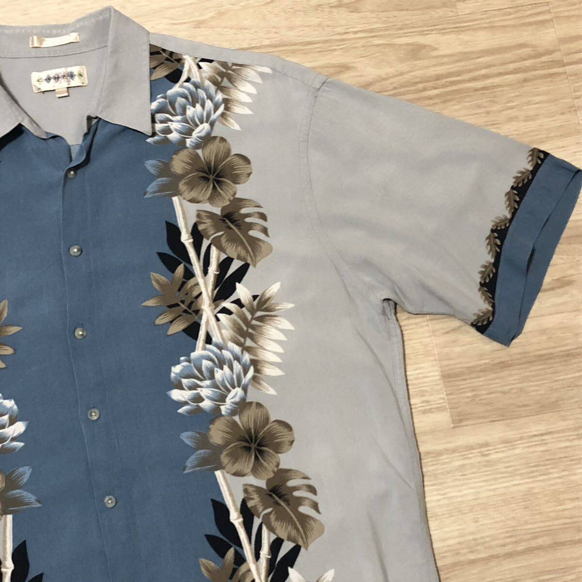 【送料無料】CAMPIA MODAレーヨン100%アロハシャツ　青グレー総柄　メンズXLサイズ　ハワイアン半袖シャツ